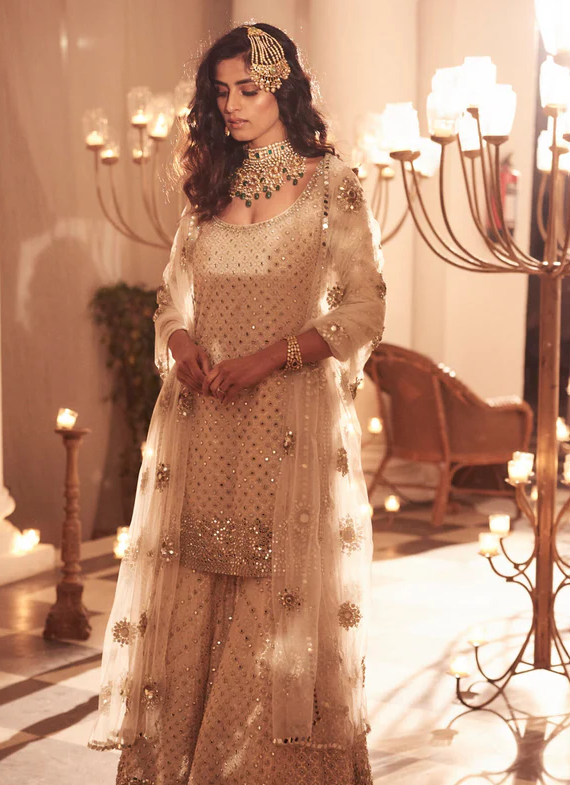 Abhinav Mishra Peach Mirror Work Sharara Set