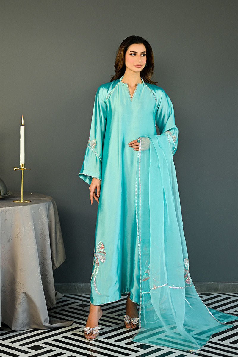 Amna Arshad Turquoise Cutwork Silk Set