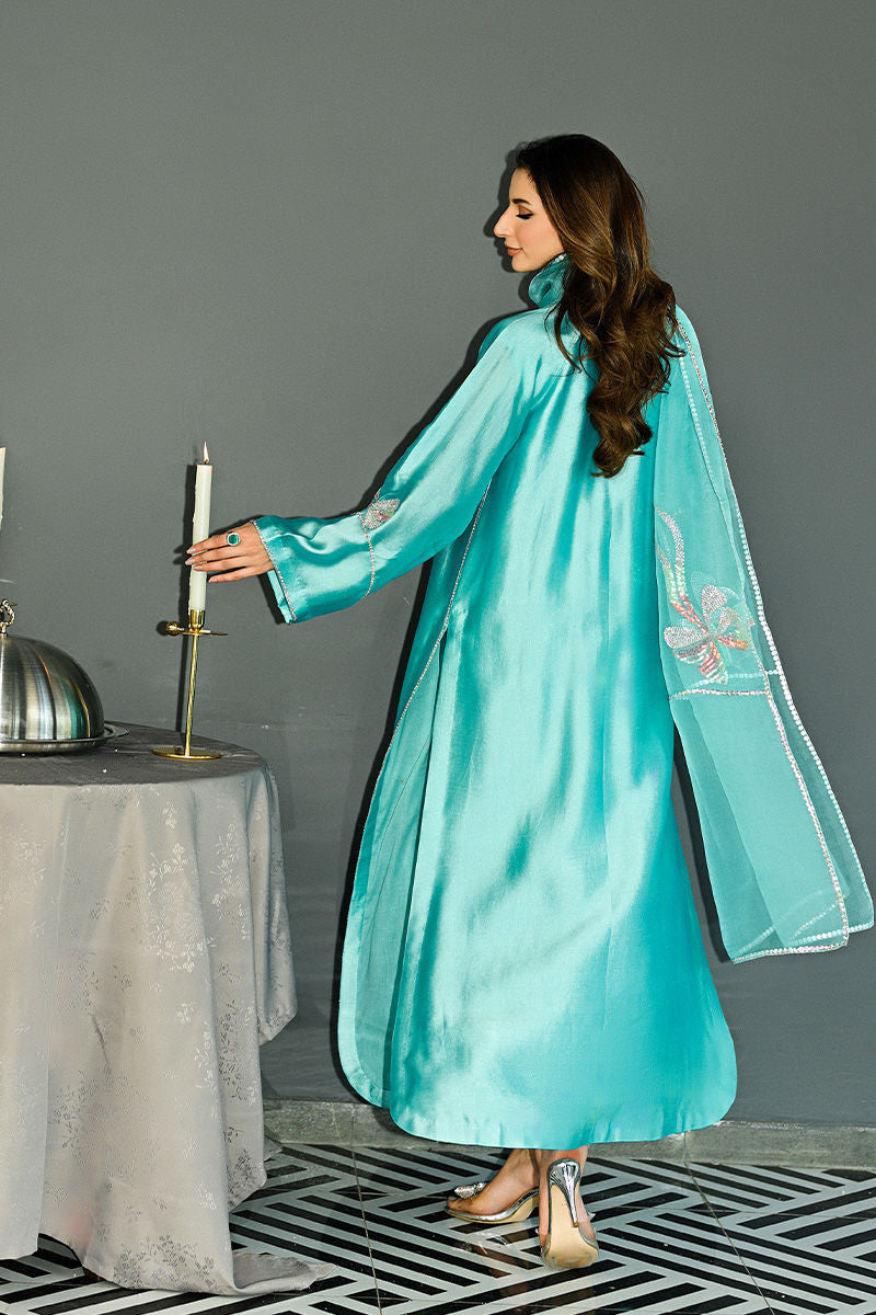 Amna Arshad Turquoise Cutwork Silk Set
