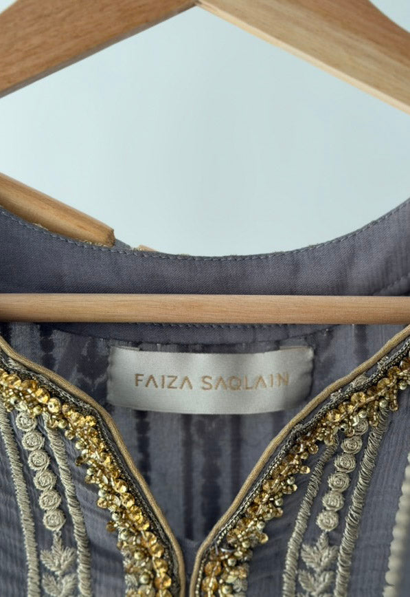 Faiza Saqlain Grey and Gold Embroidered Suit