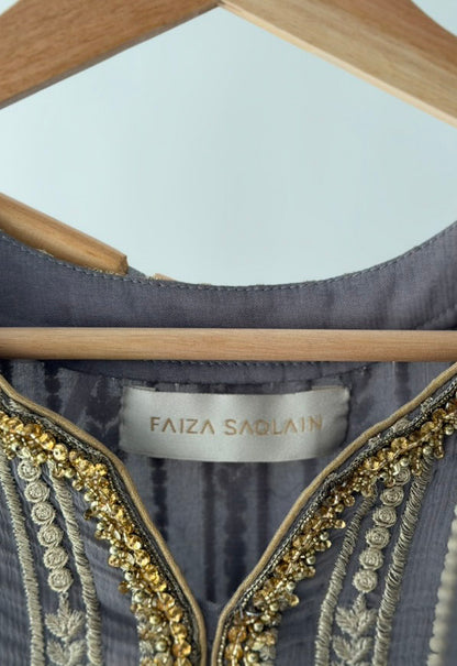 Faiza Saqlain Grey and Gold Embroidered Suit
