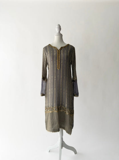 Faiza Saqlain Grey and Gold Embroidered Suit