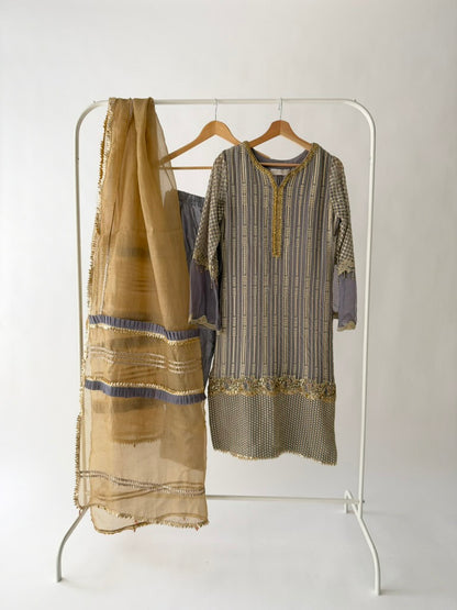 Faiza Saqlain Grey and Gold Embroidered Suit