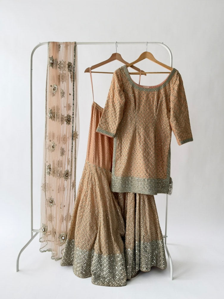 Abhinav Mishra Peach Mirror Work Sharara Set