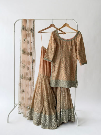Abhinav Mishra Peach Mirror Work Sharara Set