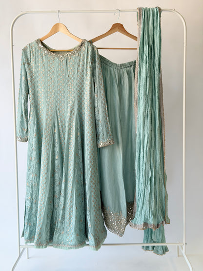 Faiza Saqlain Light Blue Chikankari Kalidaar Set