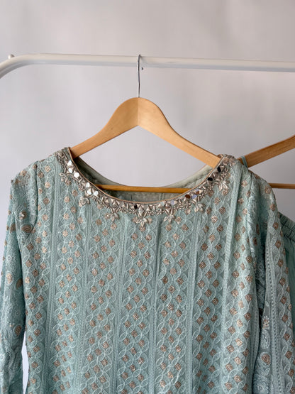 Faiza Saqlain Light Blue Chikankari Kalidaar Set