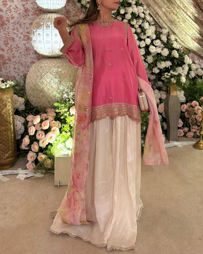 Farah Talib Aziz Rani Pink Shirt, Dupatta & Ivory Pants