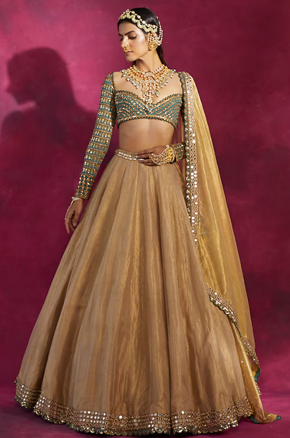 Vvani By Vani Vats Gold & Mud Green Lehenga
