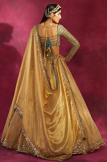 Vvani By Vani Vats Gold & Mud Green Lehenga