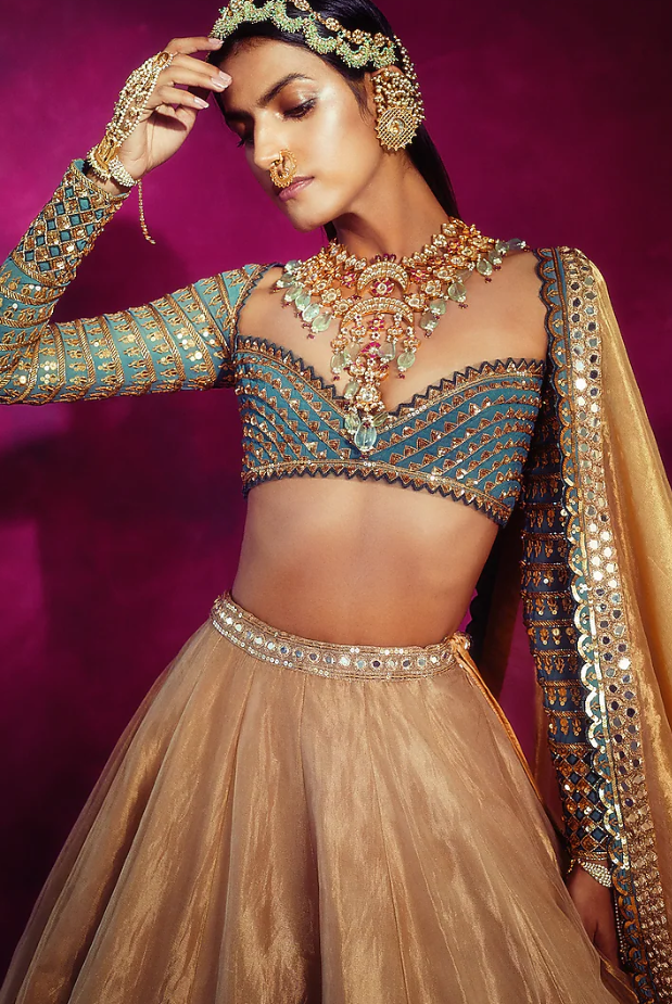 Vvani By Vani Vats Gold & Mud Green Lehenga
