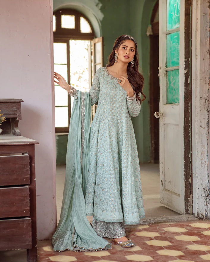 Faiza Saqlain Light Blue Chikankari Kalidaar Set