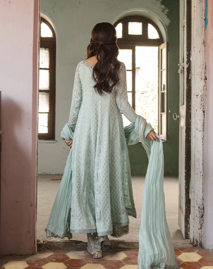 Faiza Saqlain Light Blue Chikankari Kalidaar Set