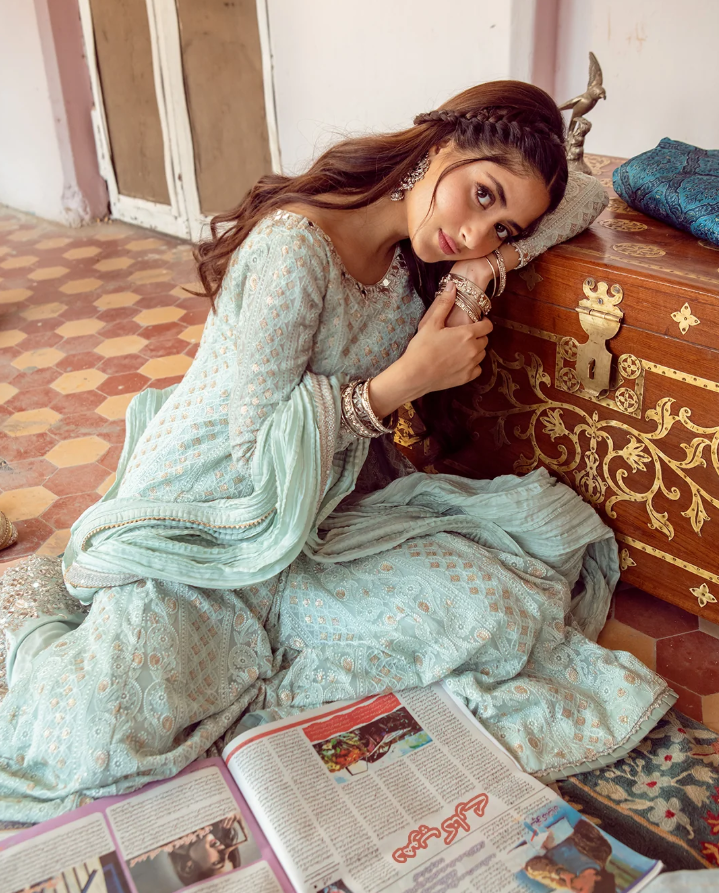 Faiza Saqlain Light Blue Chikankari Kalidaar Set