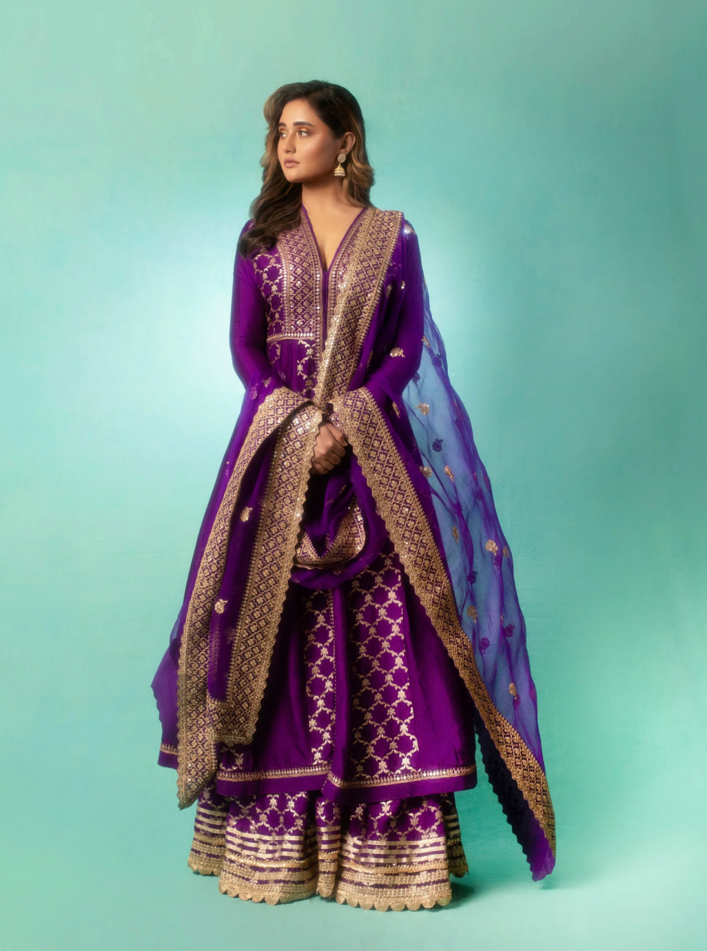 Gopi Vaid Purple Brocade Anarkali Sharara Set