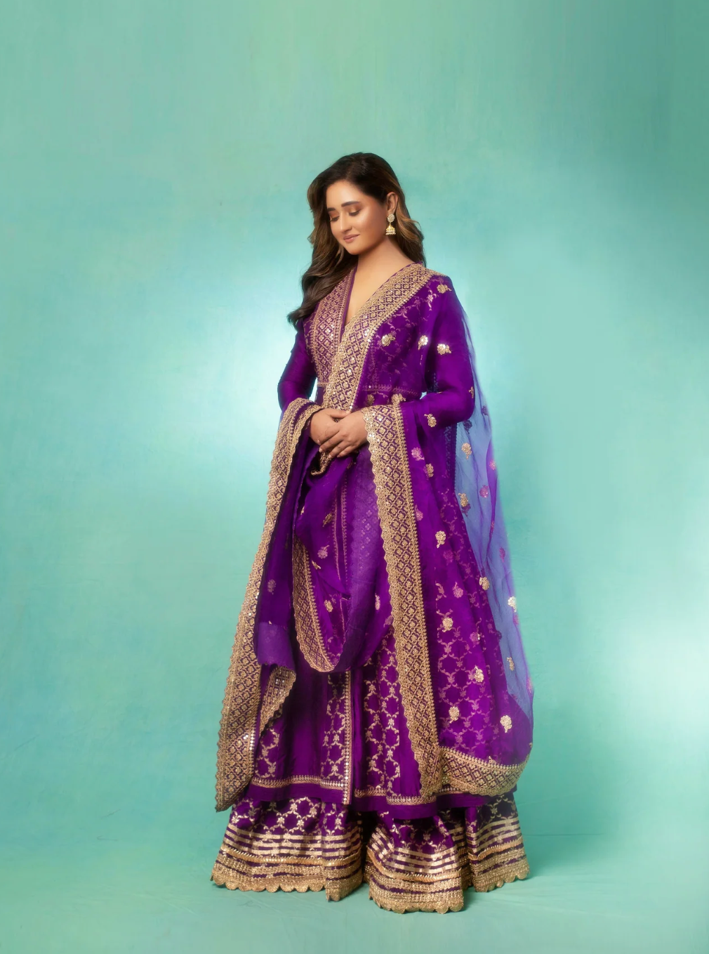 Gopi Vaid Purple Brocade Anarkali Sharara Set