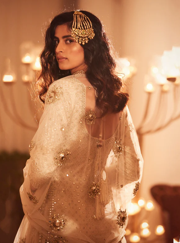 Abhinav Mishra Peach Mirror Work Sharara Set
