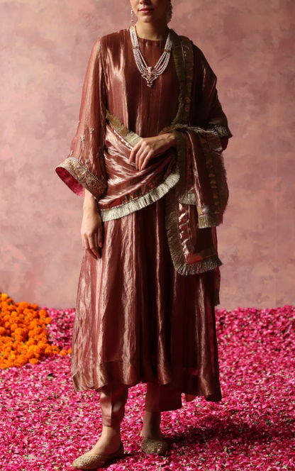 Begum Pret Rose Gold Zari Tissue Silk Kurta Set