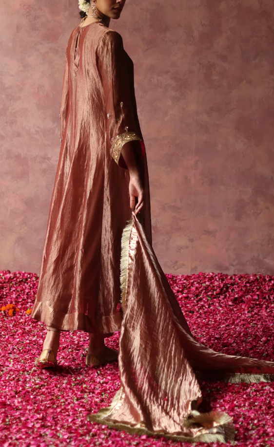 Begum Pret Rose Gold Zari Tissue Silk Kurta Set