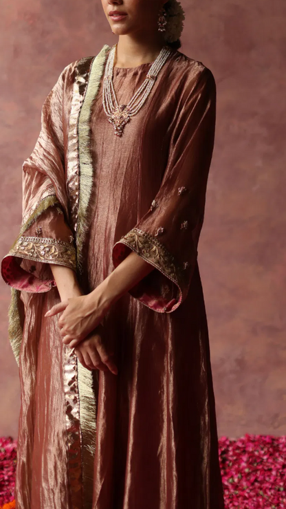 Begum Pret Rose Gold Zari Tissue Silk Kurta Set