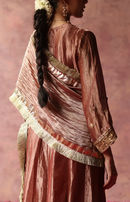 Begum Pret Rose Gold Zari Tissue Silk Kurta Set