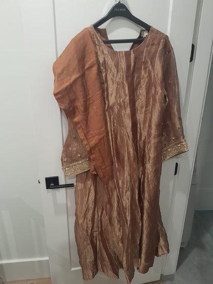 Begum Pret Rose Gold Zari Tissue Silk Kurta Set