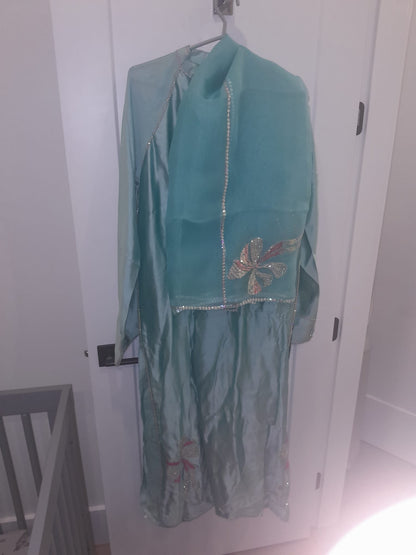 Amna Arshad Turquoise Cutwork Silk Set