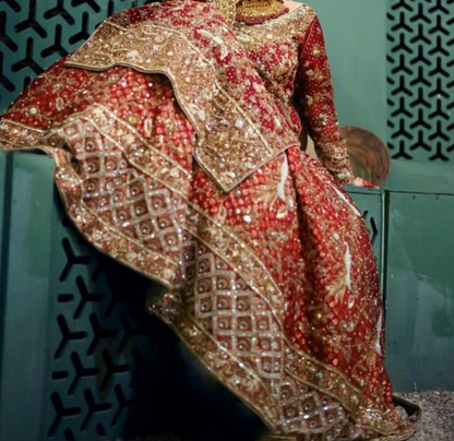 Red and Gold Embroidered Bridal Farshi Lehenga Set